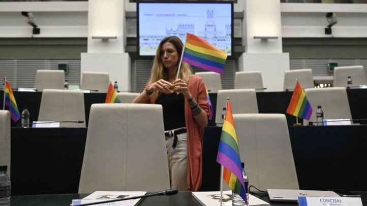 Más Madrid ha llenado su bancada en el Pleno de banderas LGTBI.