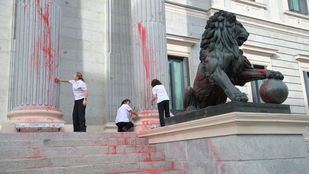 Un grupo de activistas por el clima lanza pintura roja a los leones del Congreso