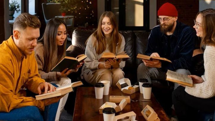 Jóvenes leyendo en una cafetería.