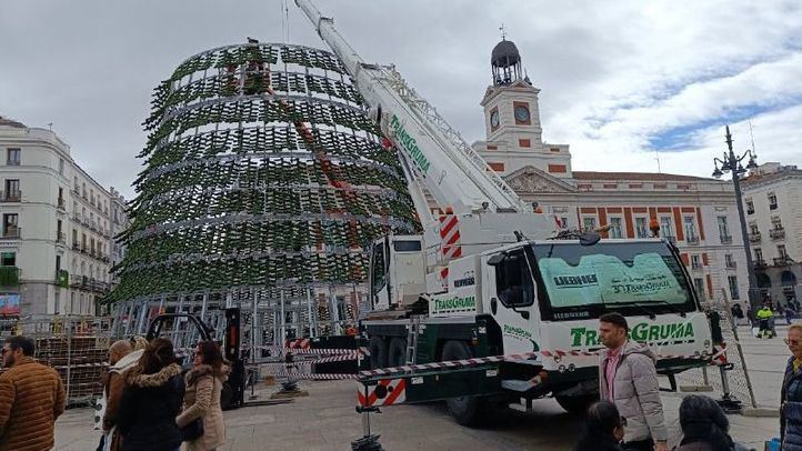 Montaje del árbol de Navidad en la Puerta del Sol, Madrid