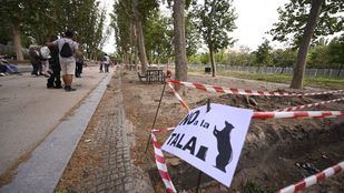 Cartel de 'No a la tala' en el Parque de Arganzuela