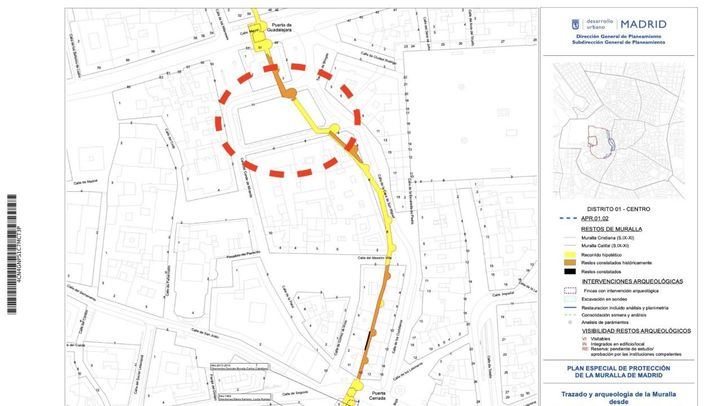 Plano de los restos de la muralla de Madrid a su paso por el Mercado de San Miguel