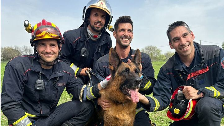 Los bomberos con el perro rescatado de un pozo en Leganés