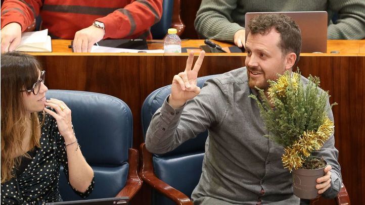 El diputado de Más Madrid en la Asamblea Pablo Padilla saca un árbol por la tala de árboles durante una sesión plenaria en la Asamblea de Madrid, a 14 de diciembre de 2023