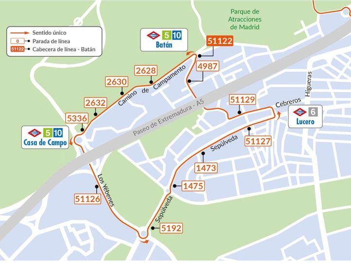 Itinerario del SE3, servicio especial de autobús circular entre Lucero y Batán durante las obras de la A-5