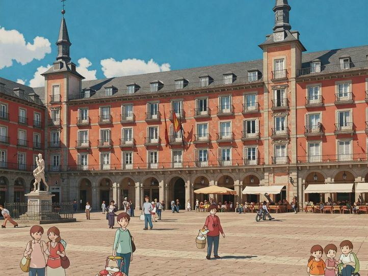 La Plaza Mayor si fuese un escenario de una película de Studio Ghibli, según la IA