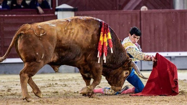 Isaac Fonseca en el inicio de rodillas de su faena a 'Brigadier', al que cortó una oreja