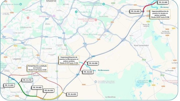 Cortes de tráfico en verano en la Comunidad por obras: M-50, ramal de acceso de M-40 A A-4, A-42 y M-607