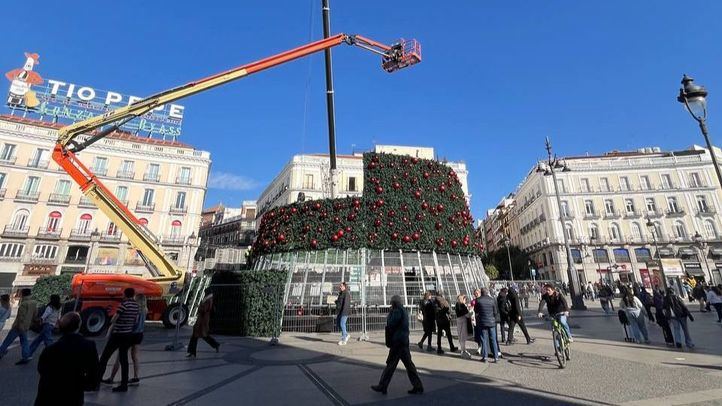 Montaje del abeto de Navidad en la Puerta del Sol