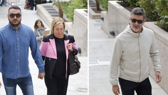 Belén Esteban con su marido a la izquierda y Toño Sanchís a la derecha llegando al juicio