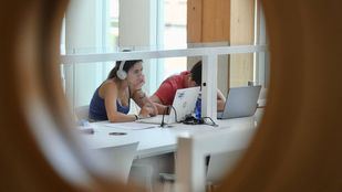 Imagen de archivo de dos personas estudiando en una biblioteca