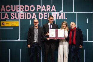 Unai Sordo, Pedro Sánchez, Yolanda Díaz y Pepe Álvarez