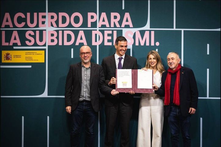 Unai Sordo, Pedro Sánchez, Yolanda Díaz y Pepe Álvarez