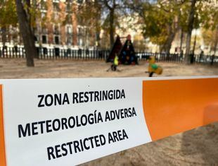 Zona restringida en el parque de El Retiro por meteorología adversa, a 9 de diciembre de 2021, en Madrid