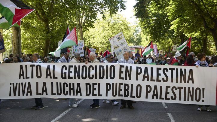 Manifestantes portan pancarta con lema 'Alto al genocidio en Palestina ¡Viva la lucha del pueblo palestino!' durante una manifestación pro Palestina, a 17 de mayo de 2026, en Madrid.