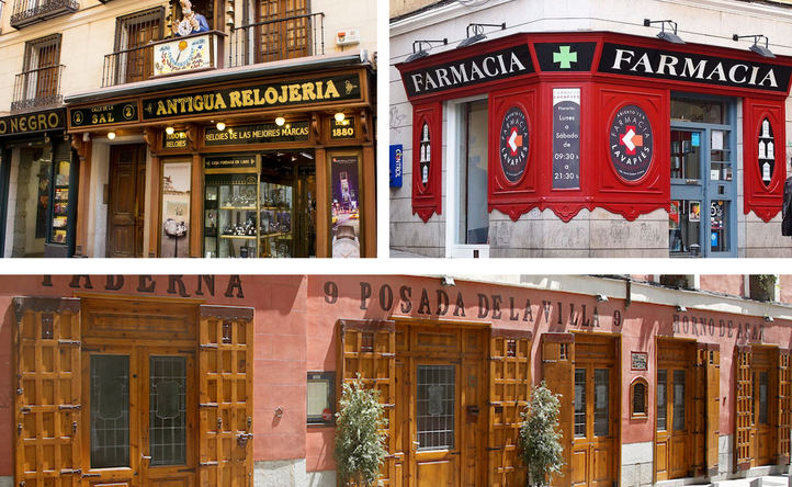 Fachadas de la Antigua Relojería, Posada de la Villa y Farmacia de Lavapiés.