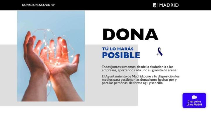 El Ayuntamiento de Madrid estrena una web para hacer donaciones en la crisis del coronavirus