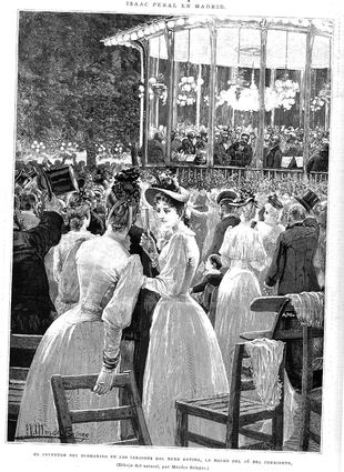 Grabado del 16 de julio de 1890, cuando Isaac Peral visitó los Jardines del Retiro.