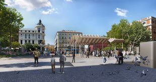 Recreación de la plaza de Jacinto Benavente desde la calle de Atocha