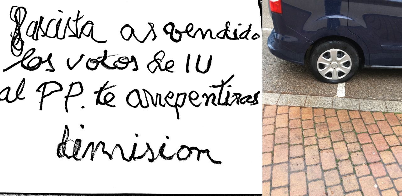 Mensaje recibido por el concejal de IU y las ruedas de su coche pinchadas. (Foto: Imagen cedida por Andrés Valle)