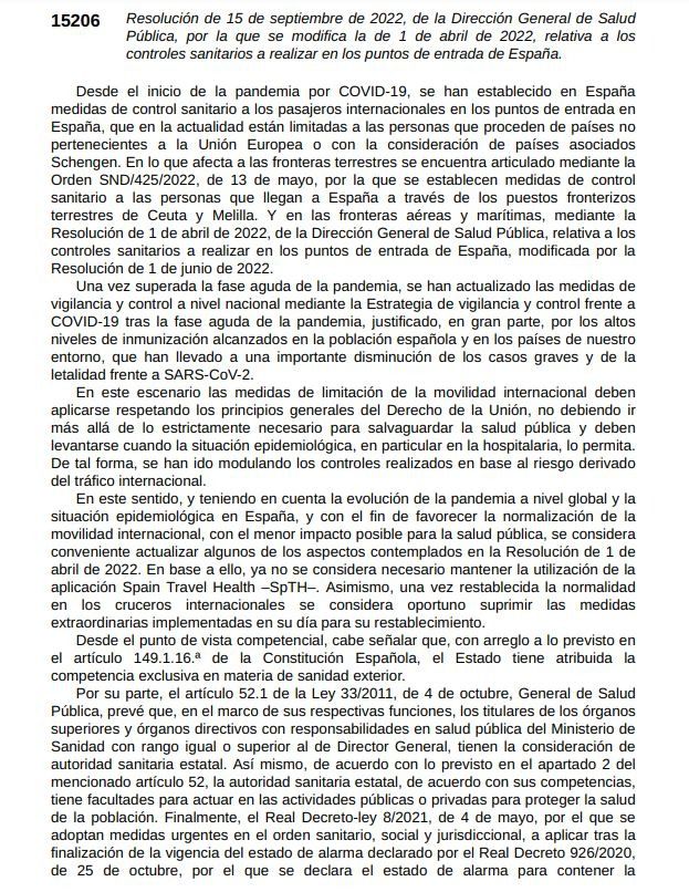 Publicación en el BOE de una nueva resolución sobre los controles sanitarios