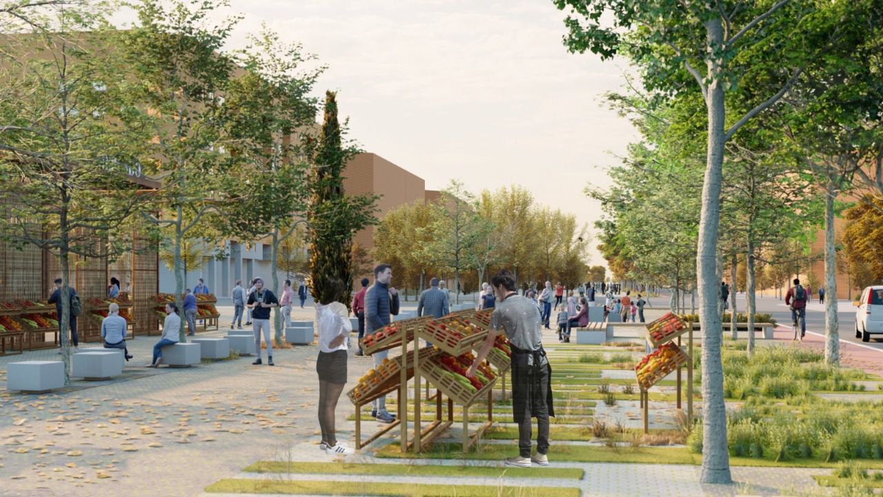 Recreación del mercado de productores en el bulevar. Fuente: Más Madrid