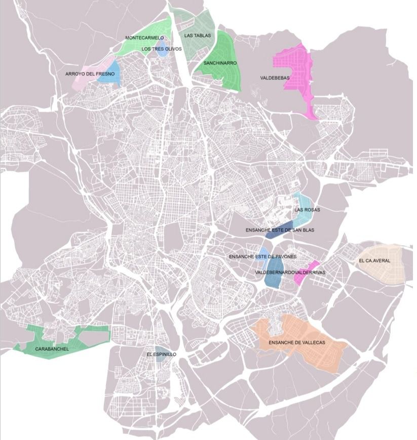 Mapa de los nuevos desarrollos urbanísticos de Madrid que pueden participar en la consulta. Fuente: Ayuntamiento de Madrid.