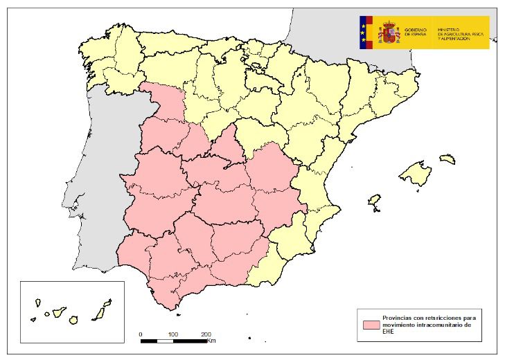 Mapa de restricciones de movilidad por la EHE (Foto: Ministerio de Agricultura, Pesca y Alimentación)