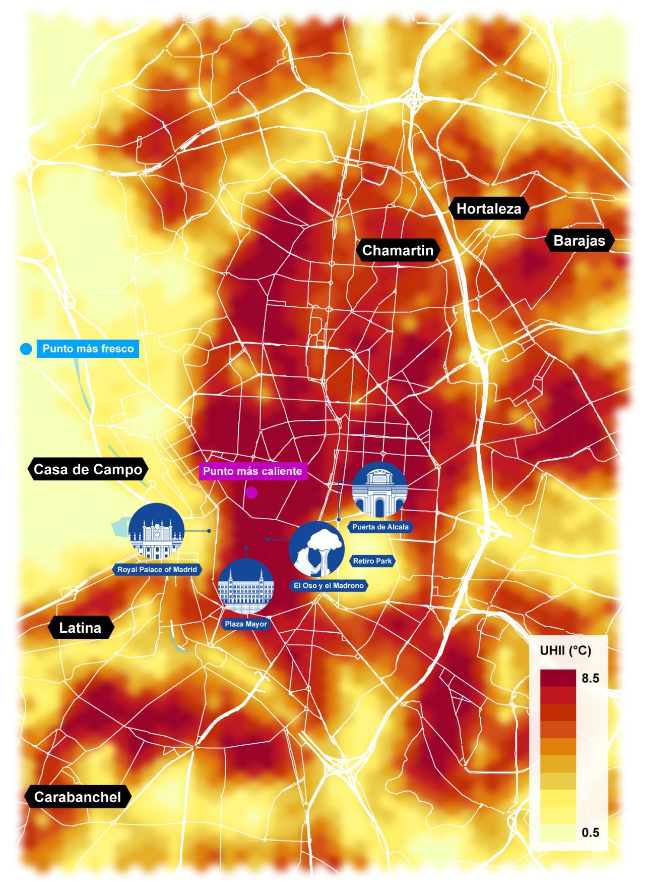 Mapa del efecto 'isla de calor' en el centro de Madrid (Fuente: Arup)