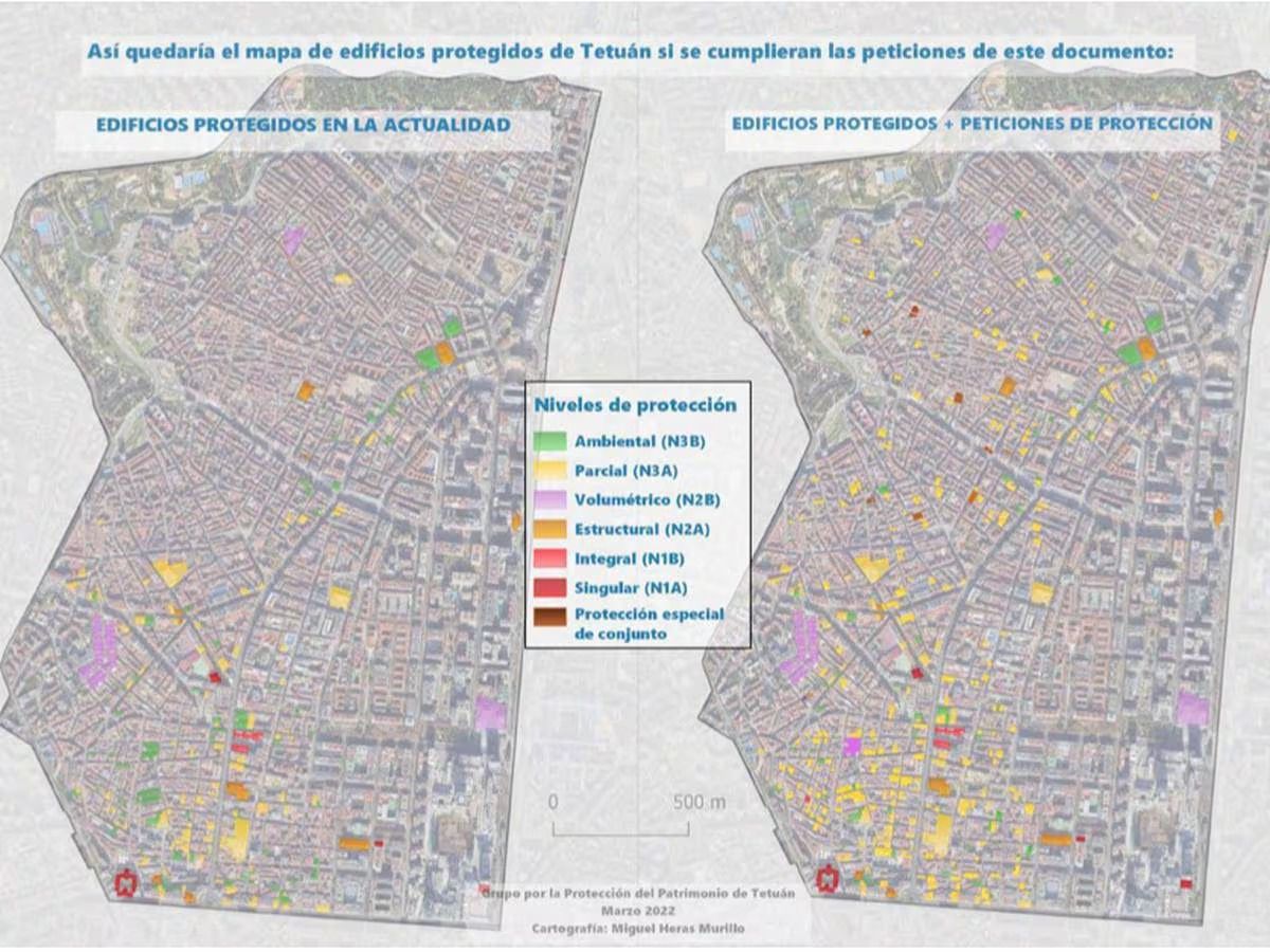 Mapa del informe de patrimonio Tetuán con el grado de protección de cada edificio. Foto: Patrimonio Tetuán