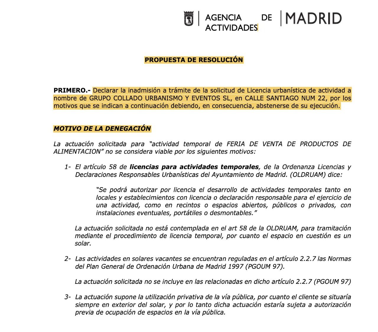 Denegación municipal para las tres casetas