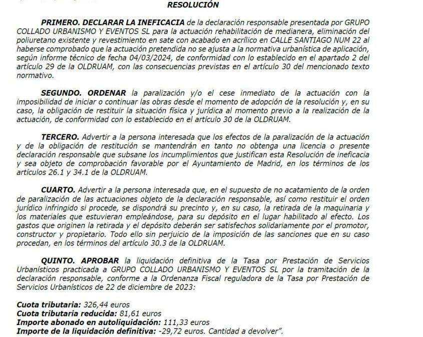 Orden de la Agencia de Actividades contra las obras en la fachada