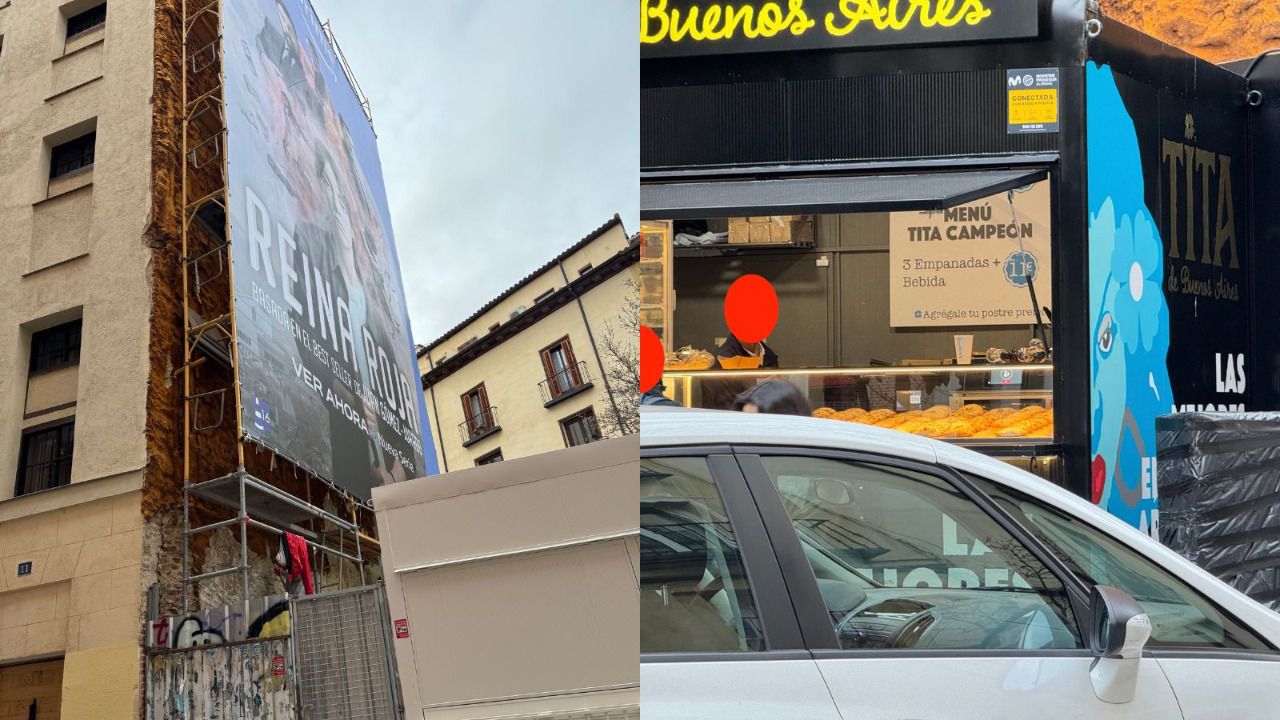 Obras en la fachada de Santiago 22 y puesto de empanadas en pleno servicio de venta