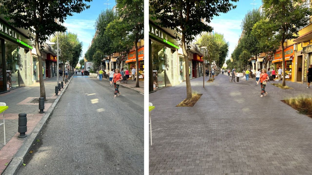 Imagen actual y simulación de la calle tras la obra. Foto: Ayuntamiento de Madrid