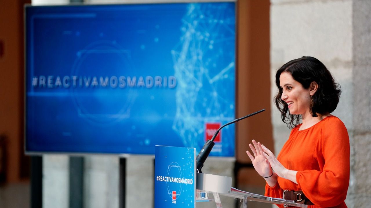 Díaz-Ayuso cuando se presentó la estrategia 'Reactivemos Madrid' para la recepción de los fondos europeos.Foto: Comunidad de Madrid