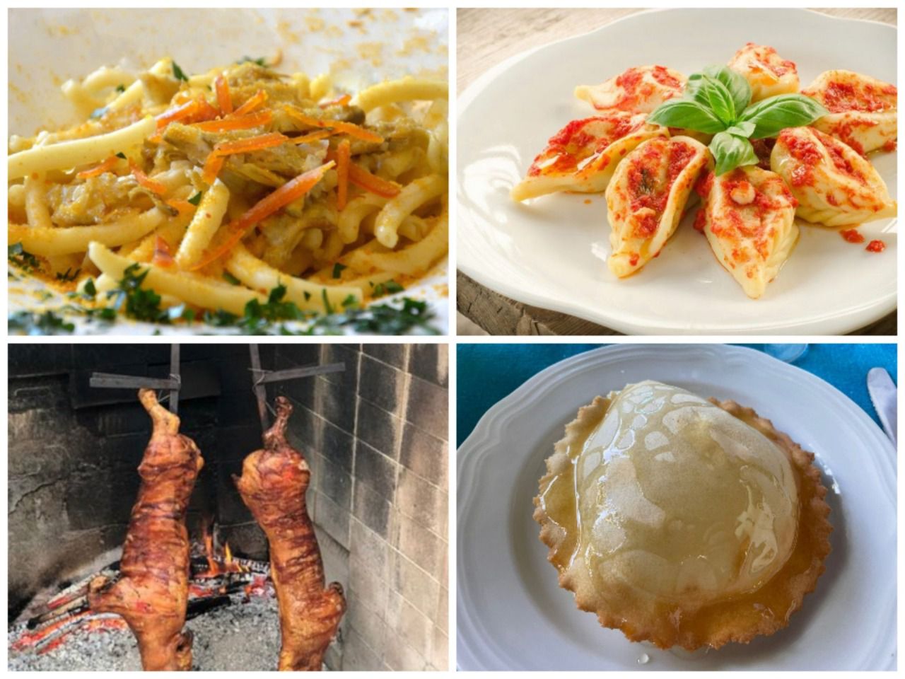 Macarrones de busa, Culurgiones, Porceddu allo spiedo y Seadas al miele