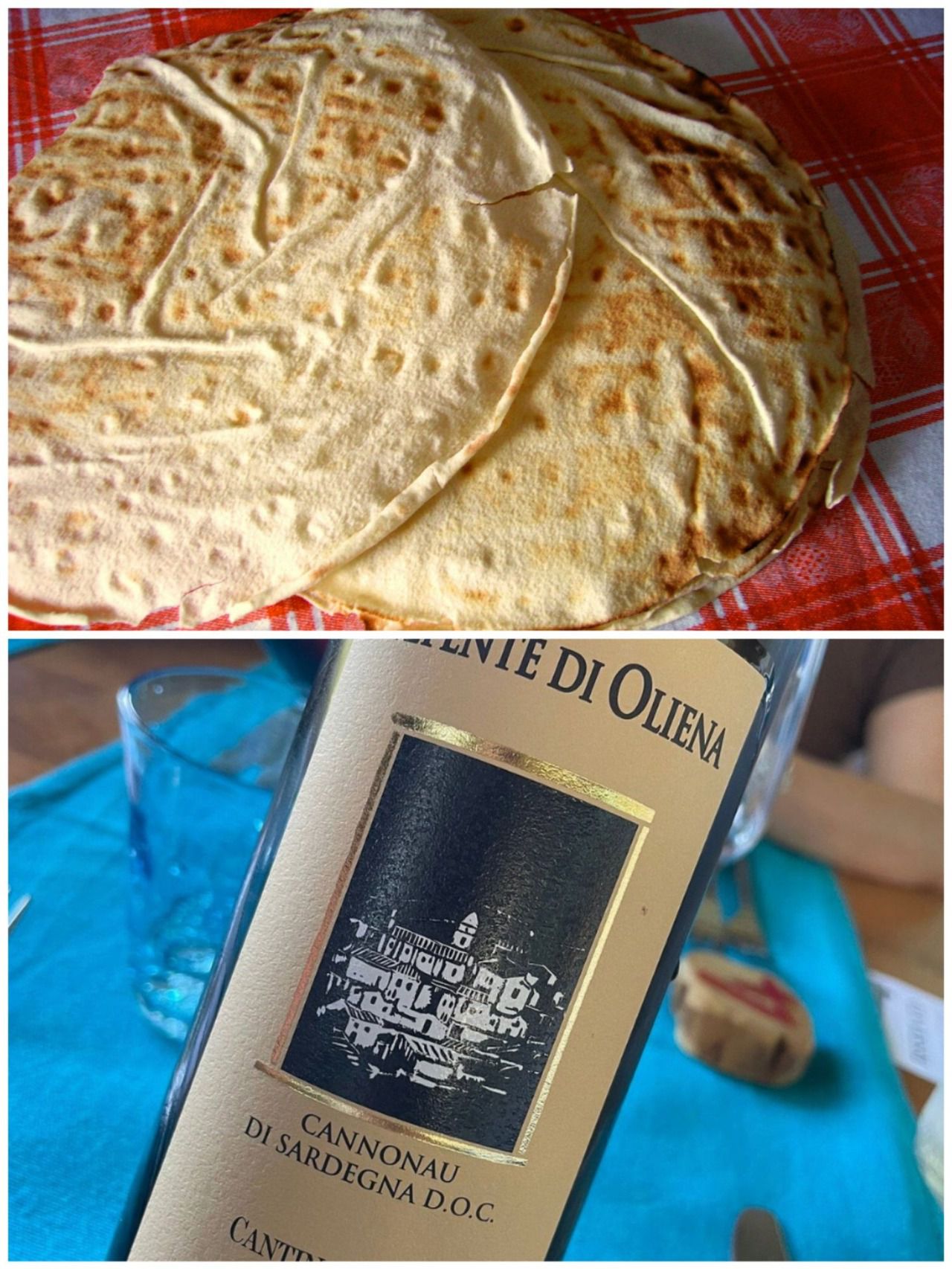 Pane carasau, pan plano de trigo duro o candeal y doble horneado, delgado y amenamente crespillante, y regado con vino tinto Cannonau