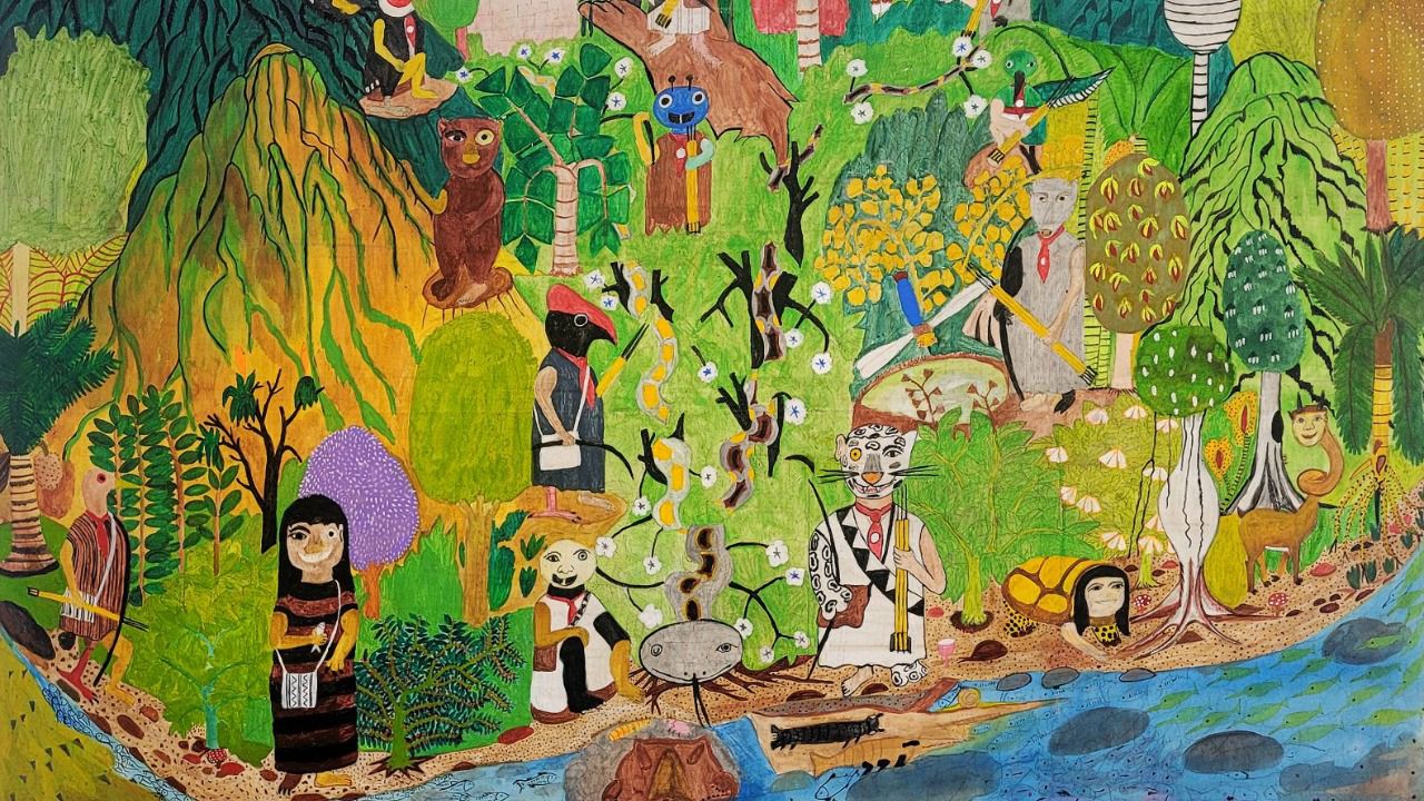 Cosmovisión asháninka. Enrique Casanto, 2010. Pintura. Acrílico sobre lienzo. Cortesía del artista y de la Colección Hochschild Correa (Foto: Museo Lázaro galdiano)