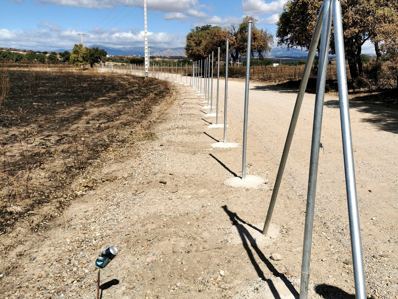Los postes del cerramiento se han colocado sobre la plataforma del camino (Foto: Palataforma Ecologista Madrileña)