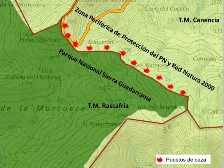 Localización de los puestos para caza el paso de palomas en el Boquerón, Sierra de Guadarrama