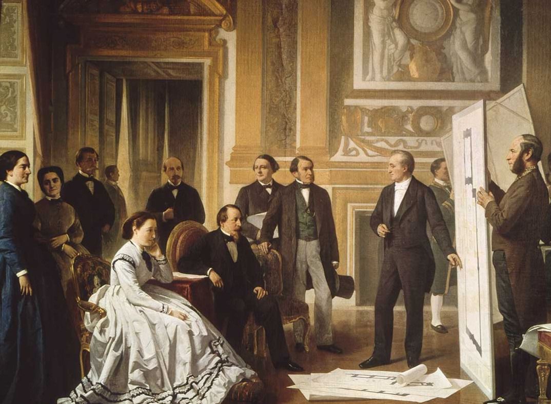 Eugenia de Montijo y su marido informándose de la ampliación del Louvre