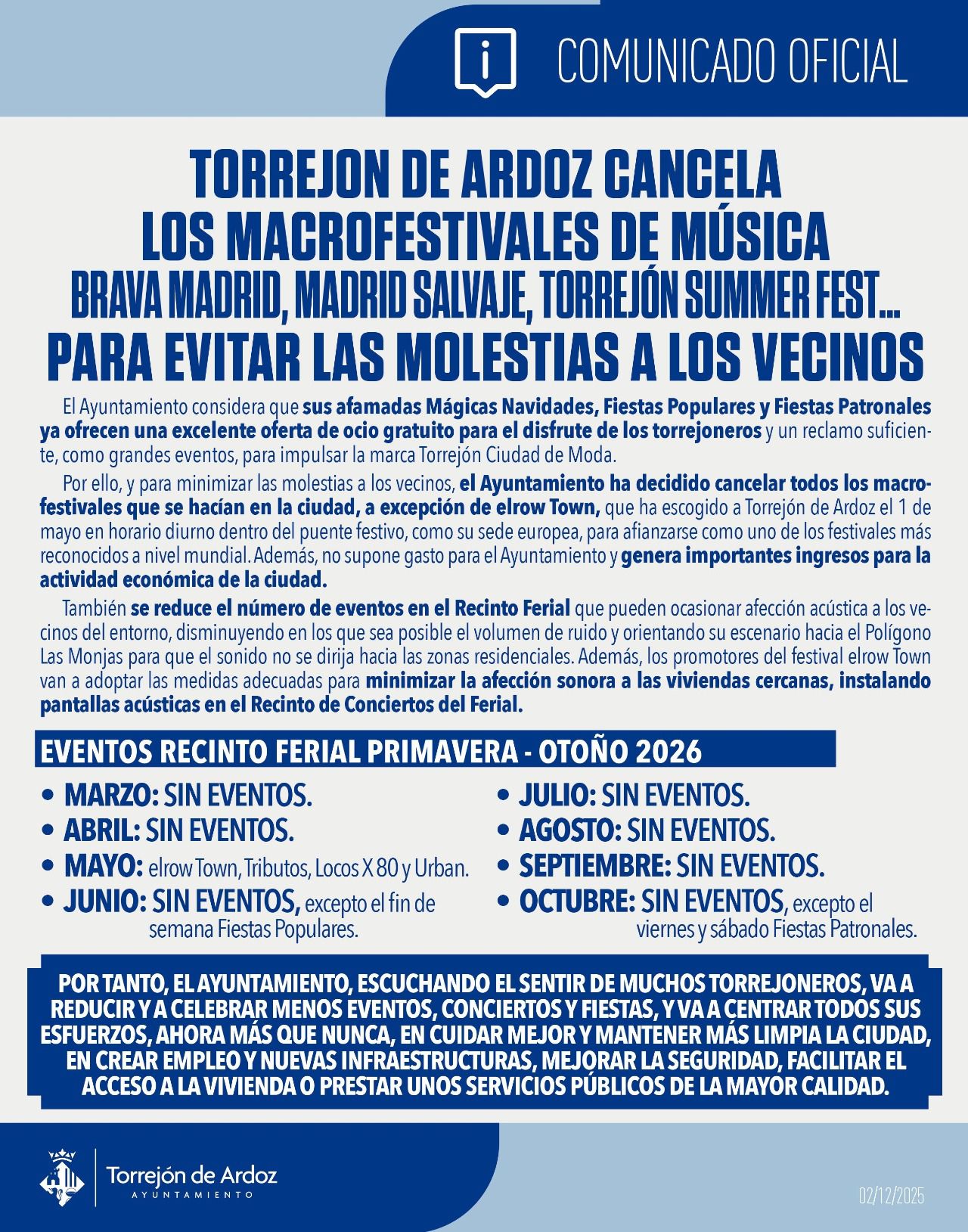 Comunicado sobre la cancelación de conciertos en Ayuntamiento de Torrejón de Ardoz