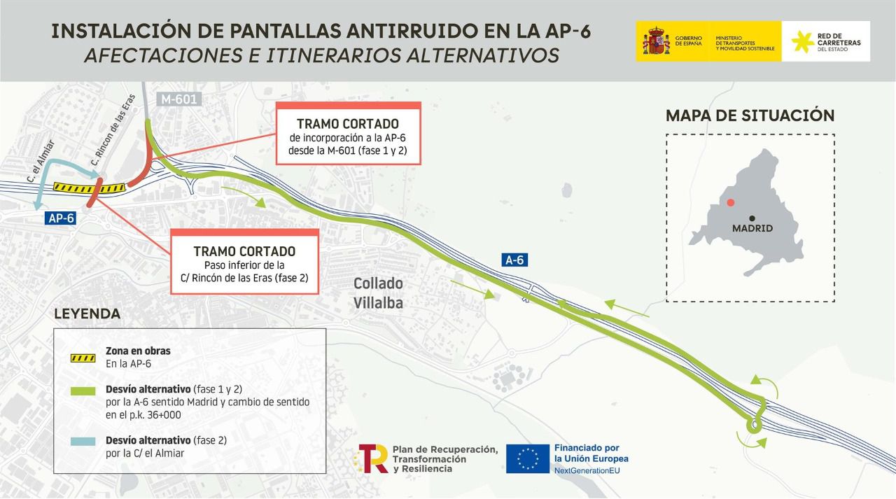 Cortes en el ramal de incorporación de la M-601 a la AP-6 en sentido A Coruña de lunes a viernes por obras (Foto: Ministerio de Transportes)